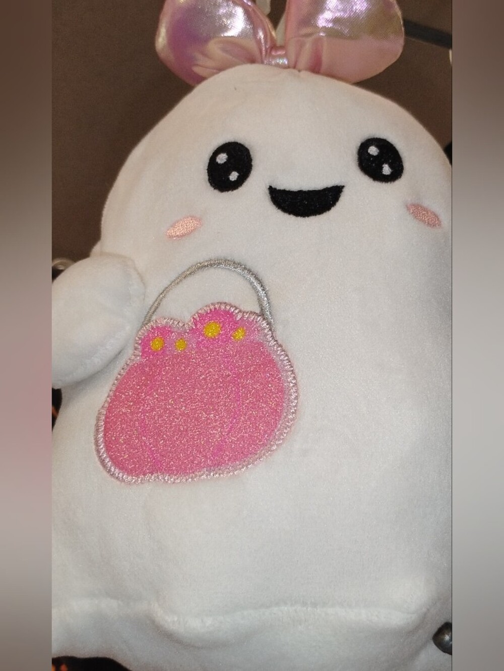 Kids Halloween White Plush Ghost with a Light apink Bow & a Pink Flower Purse